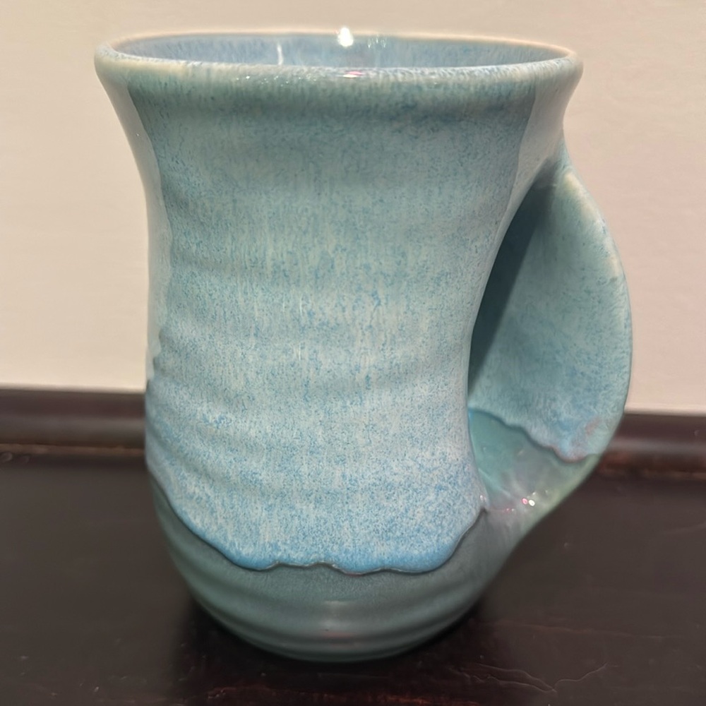 Hand Warmer Mug, Ceramic and Hand Painted Right Hand Blue and Dusty Teal